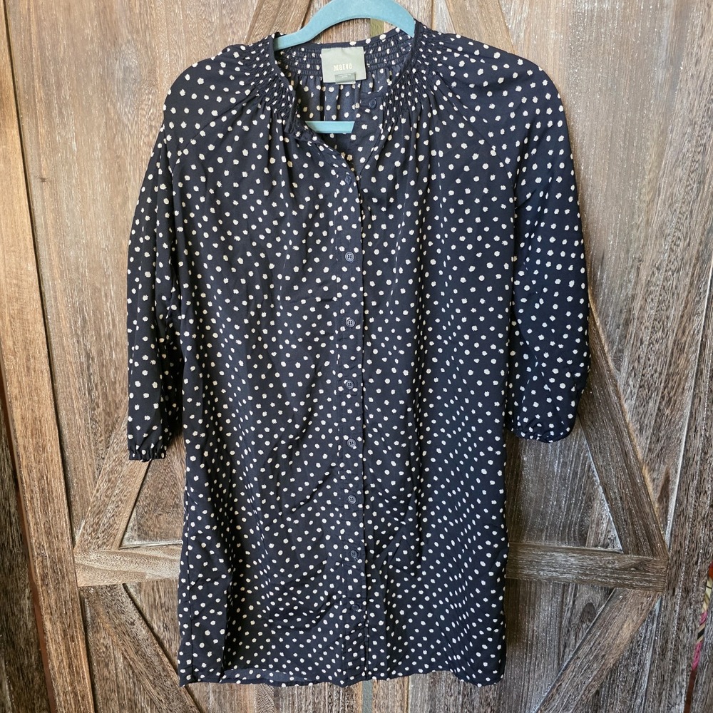 Maeve Dress Women's Size X-Small Navy Blue & White Polka Dot‎ Button Up Shirt